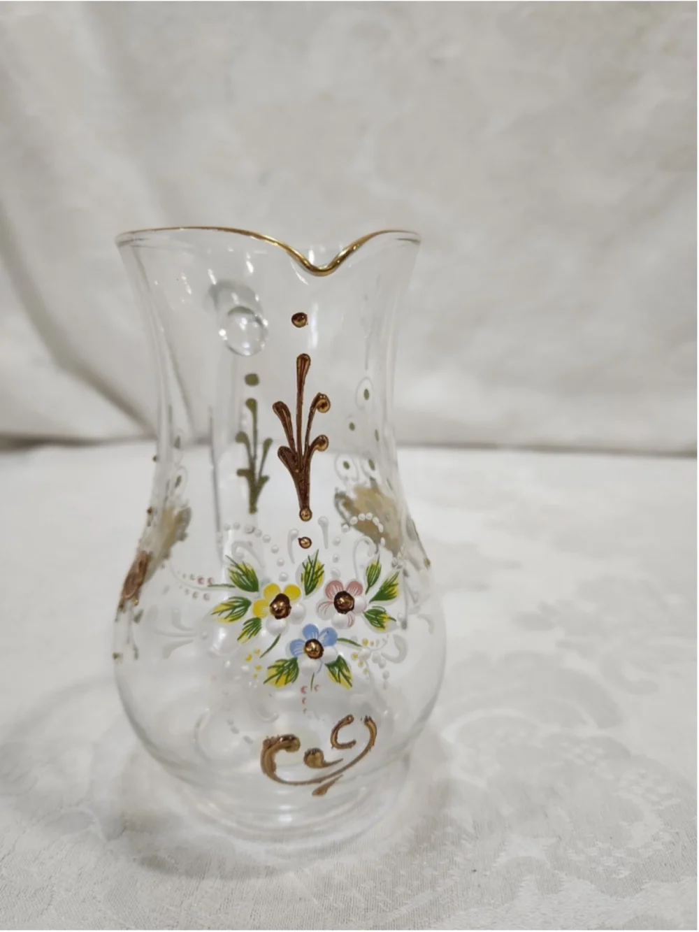 Vintage Murano Glass Small Pitcher 24K Gold Venetian Tre Fuochi Enamel Floral 5